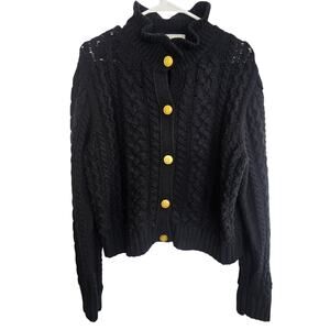 J. Crew Womens Lambswool Cable Knit Ruffle Neck Cardigan Sweater Size L Preppy